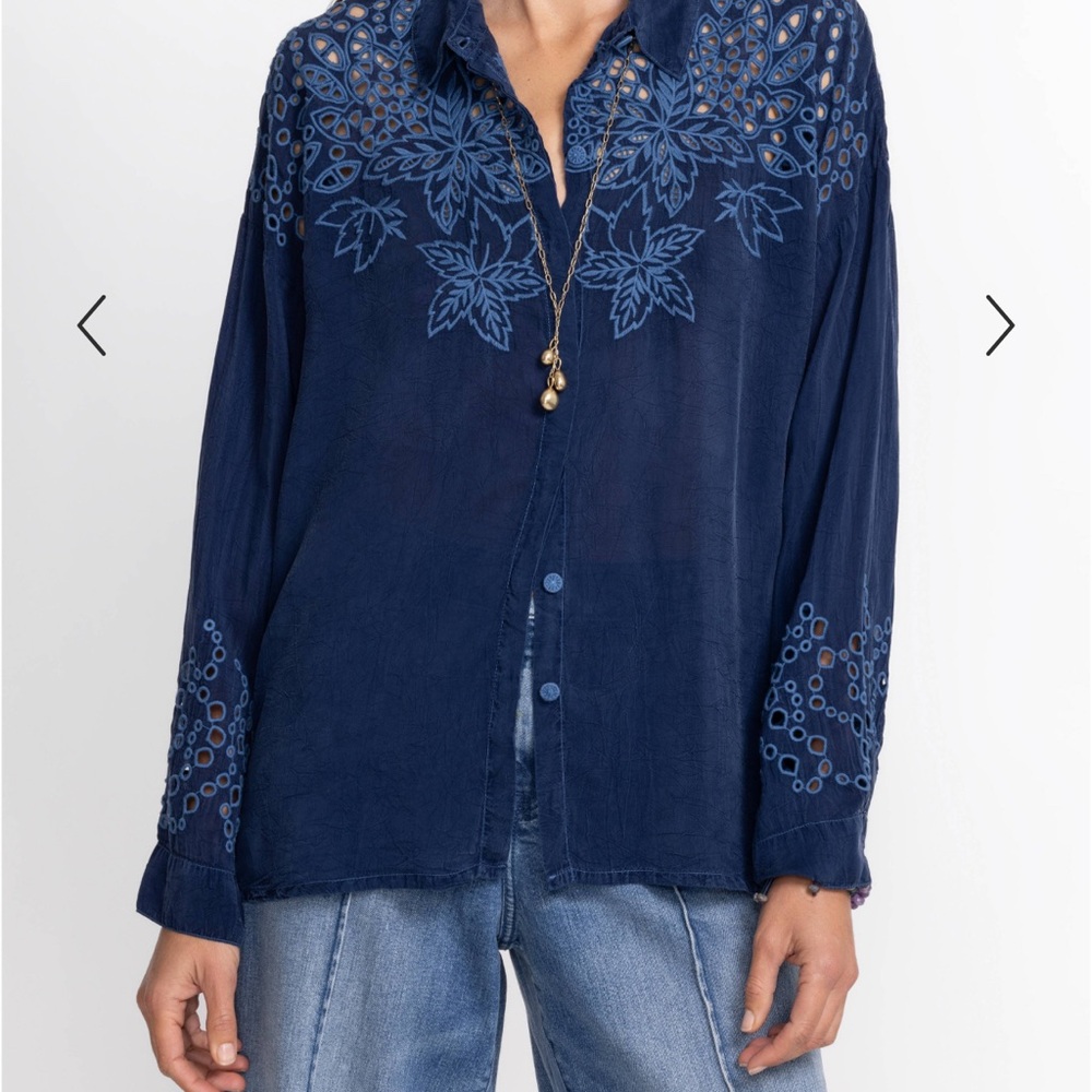 Johnny Was Navy Blue Lotus‎ Eyelet Button Down Embroidered Size S Boho